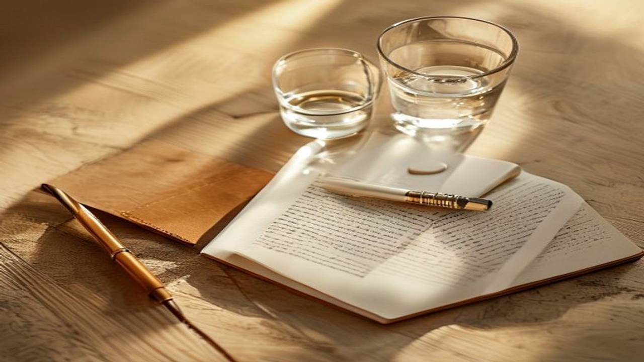 明るい木目テーブルに白い薬1錠とグラスの水・革綴じノート・万年筆を配置したミニマルなフラットレイ写真。1級ファイナンシャル・プランニング技能士が実践する月1,800円・1日1錠のAGA予防治療のシンプルさを象徴する画像。マコなり社長のYouTube動画から学んだ「30歳過ぎたら予防的にAGA治療を始めるべき」という発想と、フィナステリド・デュタステリド合剤の最も普通のオンライン診療を1日1回続けるだけのミニマムライフ哲学にハマる治療スタイルを描く。メンズ美容投資・自己投資・経済的自由達成のためのミニマム運用ガイドのH2見出しビジュアル。