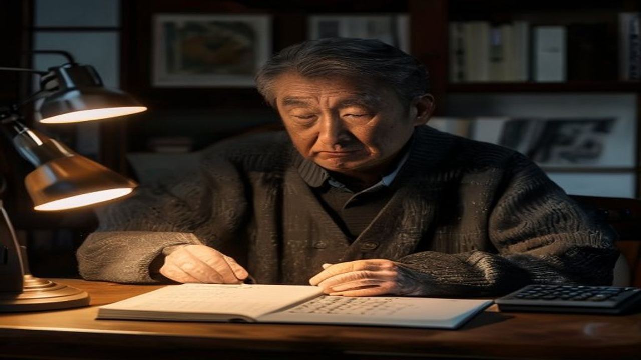 チャコールのカーディガンを着た40代日本人男性が夜の書斎でヴィンテージ調のダークウッド机に向かい、電卓と革綴じノートを使ってGLP-1治療費の財務計算に集中しているシーン。ランプの暖色光と手元のフォーカス、ぼかした顔の構図が映画的な印象を生む画像。1級ファイナンシャル・プランニング技能士が試算する放置パターン年間22〜26万円vsオンライン低単価型年間5〜7万円の損益分岐点を解説するシーン。GLP-1治療開始後4ヶ月で投資回収できる40代男性の人的資本投資としての医療ダイエットの費用対効果をFP視点で論じるメンズ美容投資ブログのH2見出しビジュアル。