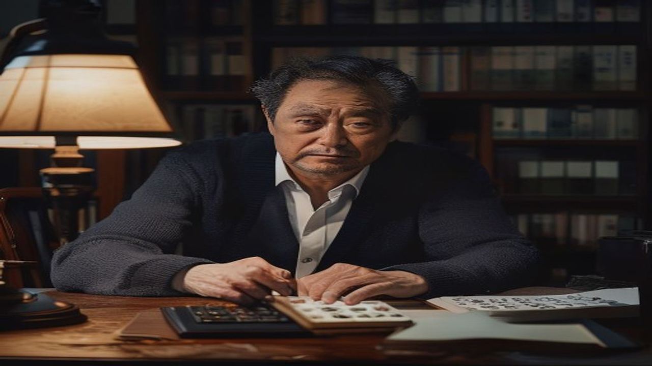 ネイビーのカーディガンと白シャツを着た40代日本人男性が夜の書斎でヴィンテージ調のダークウッド机に向かい、電卓と革綴じノートを使ってAGA治療費の20年累計シミュレーションを計算しているシーン。ランプの暖色光と集中した表情で財務分析に取り組む様子を映画的に表現した画像。1級ファイナンシャル・プランニング技能士が試算する放置パターン100〜150万円vs予防型オンライン治療43万円vs進行後本格治療360万円〜の20年累計コスト比較を解説。月1,800円の予防型オンラインAGA治療が最も再現性の高い人的資本投資である根拠をFP視点で論じるメンズ美容投資ブログのH2見出しビジュアル。