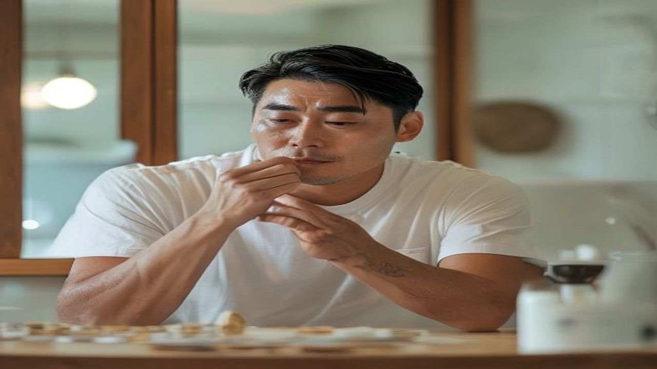 40代日本人ビジネスパーソンが洗面台で市販カラートリートメントをセルフケアする様子と、3,000円の硬貨が映り込むシーン。月3,000円の戦略投資で見た目年齢-5歳を作る、市販トリートメントと美容室リタッチを組み合わせるFP1級推奨ハイブリッド投資術を象徴するH2見出し画像。