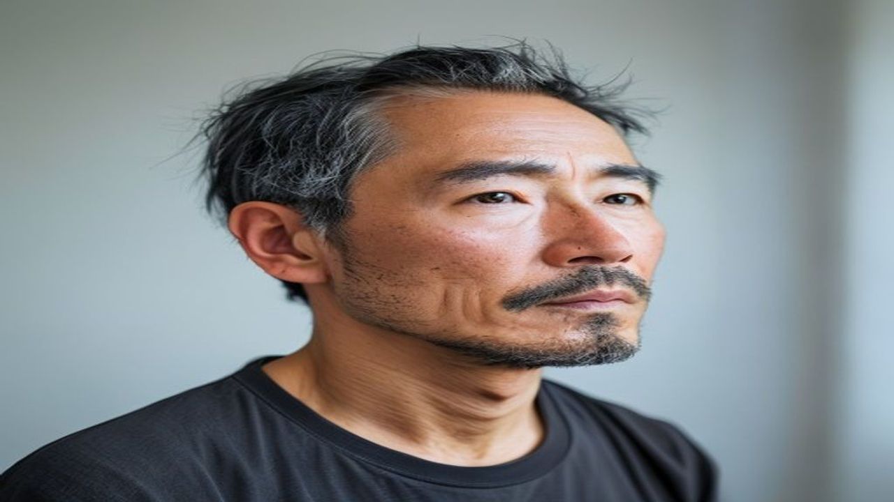40代日本人男性のこめかみ・もみあげ・前髪の生え際に出る白髪をクローズアップしたサイドプロフィール写真。対面で最も見られる部位を最優先ケアし、後頭部は優先度を下げる部位別アプローチを示す、1級FPが解説する40代メンズ白髪対策の部位別対処法のH2見出し画像。