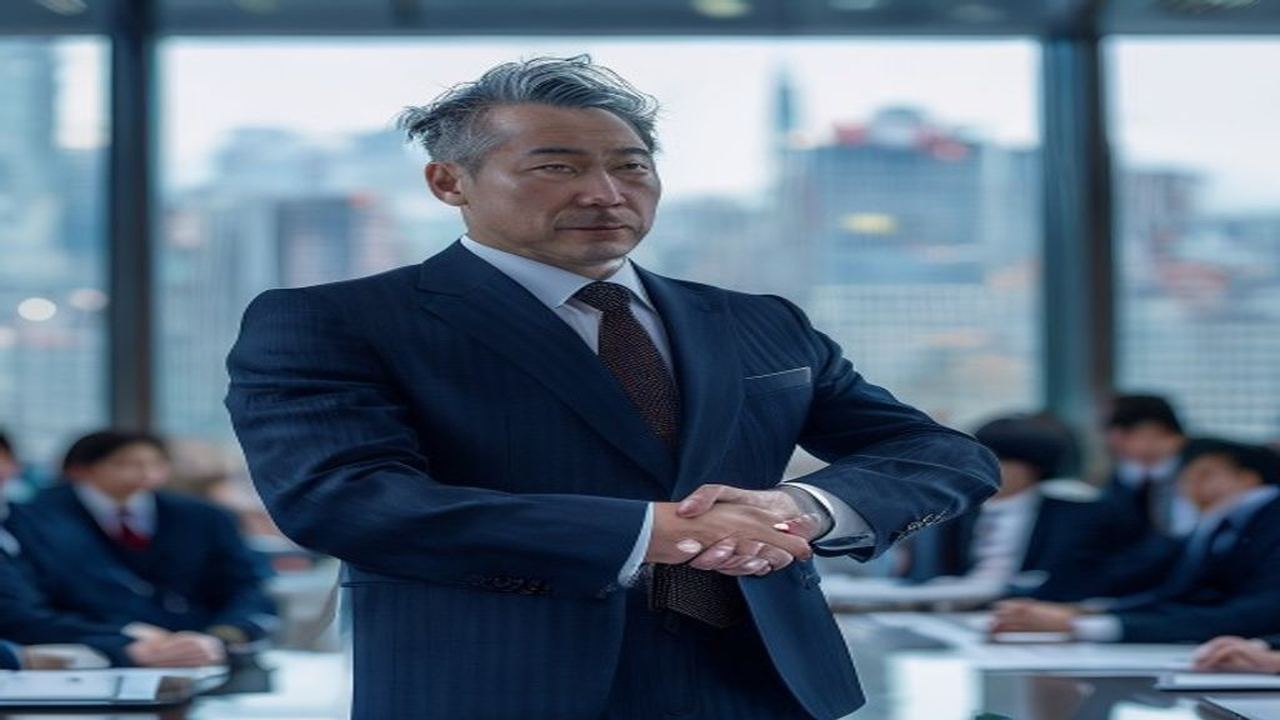 完璧に仕立てられたネイビーのスリーピース・スーツに身を包んだ40代日本人ビジネスパーソンが、東京の高層ビル景観を望むエグゼクティブ会議室で経営陣と握手を交わすシーン。健康的で豊かな整った髪と威厳ある姿勢が映える劇的なサイドライト構図の画像。元大手証券会社の営業課長5年として、薄毛改善で印象が激変した同じ営業課長の同僚を目の当たりにした経験から、薄毛と昇進・顧客信頼・第一印象の相関を象徴。1級FPが論じる薄毛と人的資本・年収・キャリアの関係を40代男性のメンズAGA治療投資・経済的自由達成の観点から解説するブログのH2見出しビジュアル。