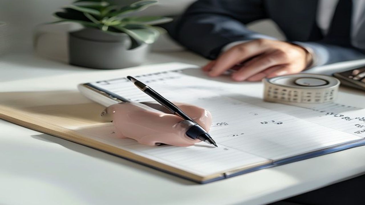 ノートと電卓と貯金箱を前に手書きで数字を書き留める40代日本人ビジネスパーソンの手元のシーン。美容室フル・セルフ+美容室リタッチ・メンズサロン定額の3パターンを10年累計コストで比較する、1級FPによる白髪対策の生涯コストシミュレーションを象徴するH2見出し画像。