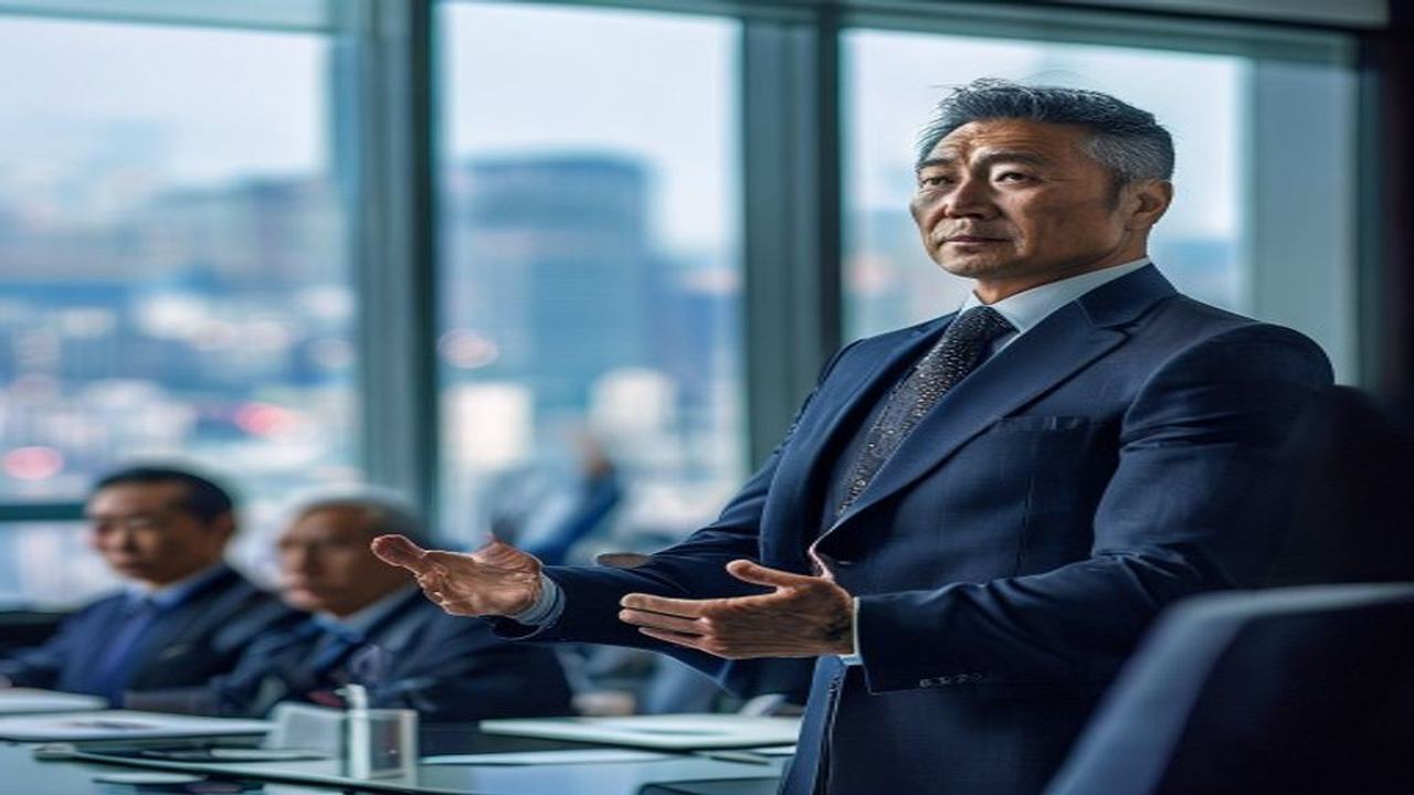 完璧に仕立てられたネイビーのスリーピース・スーツに身を包んだ40代日本人ビジネスパーソンが、東京の高層ビル景観を望むエグゼクティブ会議室で経営陣に自信を持ってプレゼンテーションを行っているシーン。引き締まったアスリート体型と威厳ある姿勢が映える劇的なサイドライト構図の画像。元大手証券会社の営業課長5年として数千人の営業マンを見てきた経験から、引き締まった体型の人ほど営業成績が高く昇進機会も得ていたリアルな相関を象徴。1級FPが論じる体型管理と人的資本・年収・信頼の関係を40代男性のキャリア戦略・メンズ医療ダイエット投資・経済的自由達成の観点から解説するブログのH2見出しビジュアル。