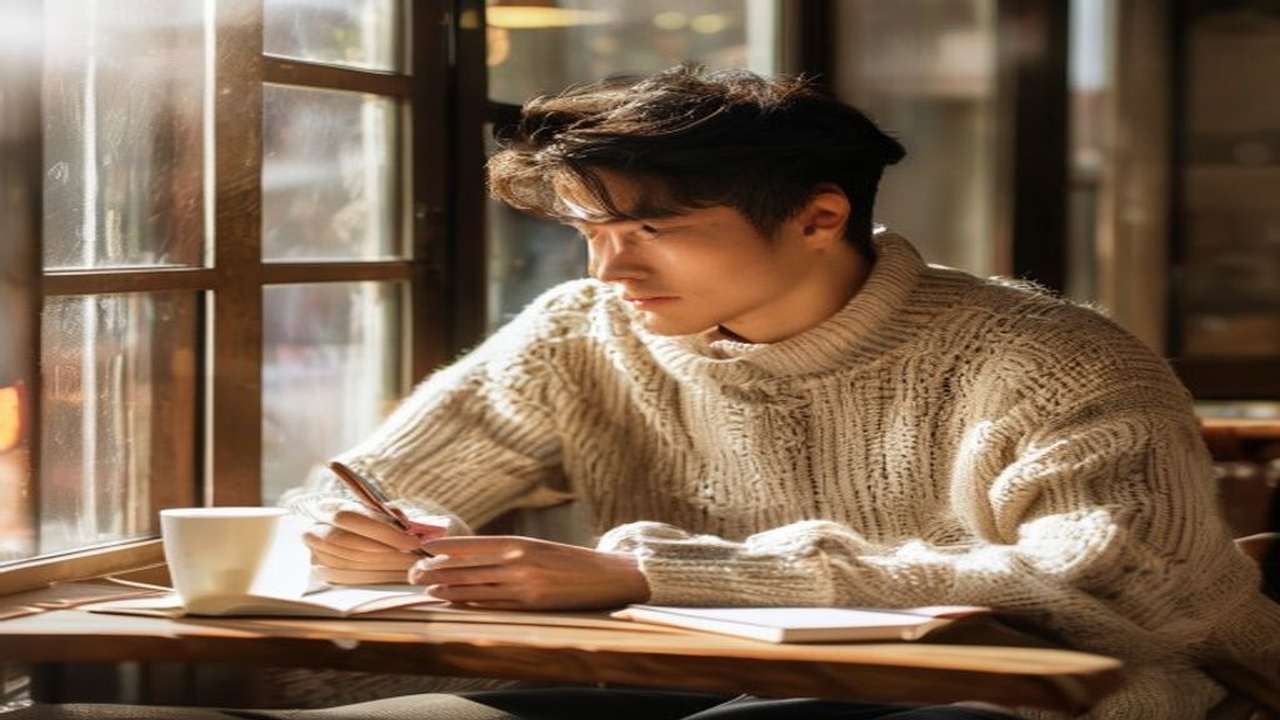 ベージュのニットセーターを着た40代日本人男性が陽射しの差し込む窓際のカフェで、カプチーノと革綴じノートを前に手書きの質問を見つめながら考えているシーン。柔らかい黄金色の夕暮れの光が降り注ぐ静謐な瞬間を捉えた画像。AGAオンライン診療と通院型では効果に差があるか・まだ薄毛じゃないけど始めるべきか・治療をやめると元に戻るか・医療費控除の対象になるかなど、40代男性のAGA治療によくある質問に1級FPが回答するQ&A章のH2見出しビジュアル。資産形成・自己投資・ミニマムライフの観点から40代男性のメンズAGA治療投資の疑問を解消する画像。