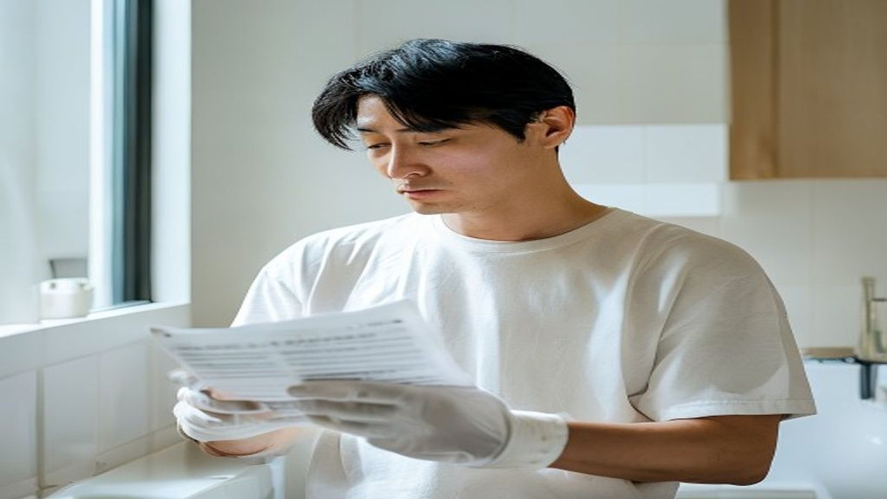 40代日本人男性が浴室で使い捨て手袋を着け、市販白髪染めの説明書を慎重に読み確認しているシーン。黒すぎる染め色・染めすぎによる頭皮ダメージ・地肌への直塗り・薄毛との同時進行など、白髪対策で失敗しないための5つの注意点をFP1級が解説するH2見出し画像。