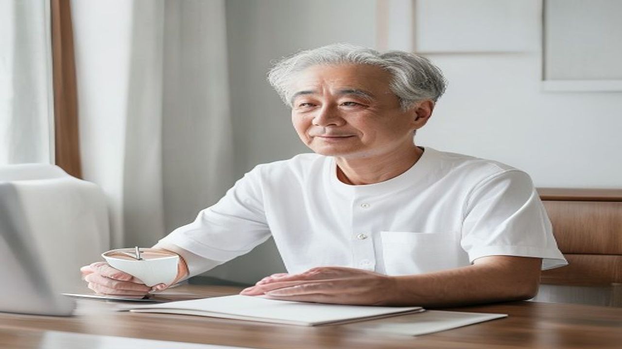落ち着いた木製デスクでコーヒーを片手にノートを見る40代日本人ビジネスパーソンが穏やかな表情で考え事をしているシーン。白髪は抜くと増えるか・染めとカラートリートメントの違い・頭皮トラブル時の対処など、40代メンズ白髪対策のよくある質問10選にFP1級が答えるQ&A章のH2見出し画像。