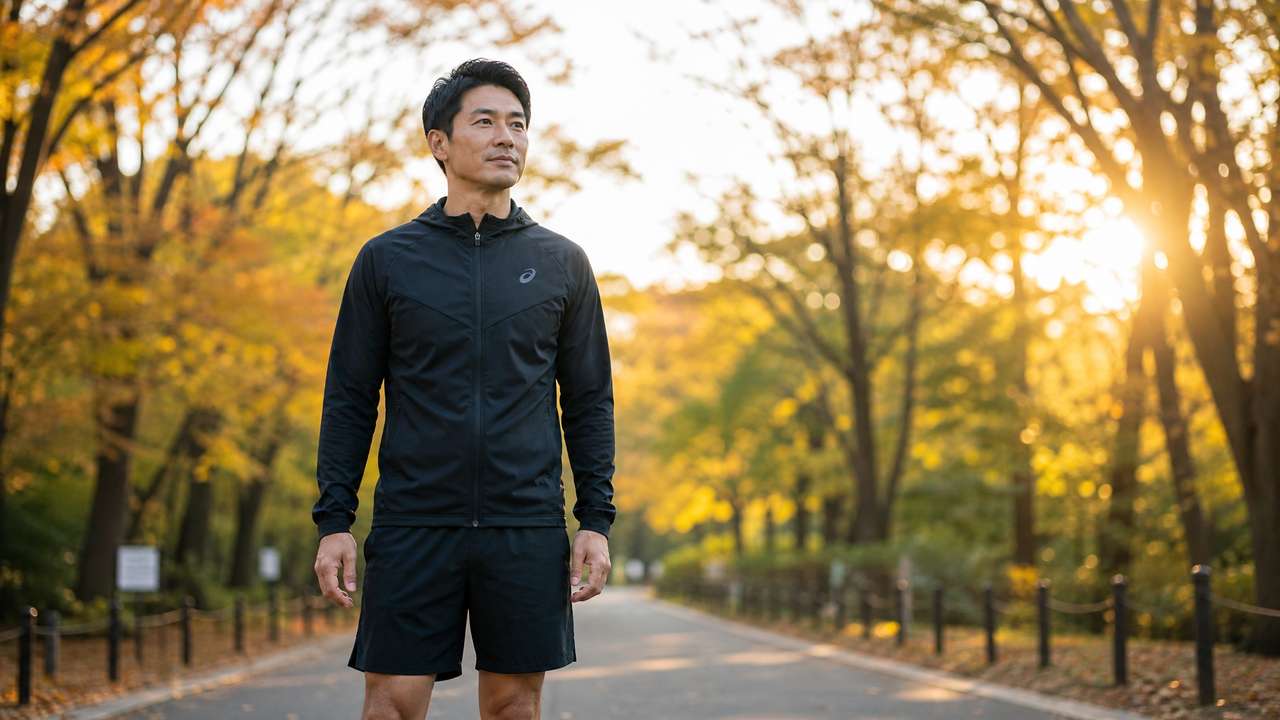 黒のトレーニングジャケットとショーツを着た40代日本人男性が、朝の並木道公園のランニング後に首にタオルをかけて手を腰に当て自信に満ちた表情で立つスポーツライフスタイル誌的編集写真。引き締まったアスリート体型と秋の木々越しに差し込む朝日の劇的な光線が背景を照らす画像。GLP-1オンライン診療を月4,378円から始め、放置パターンに対して4ヶ月で投資回収できる医療ダイエットを最も再現性の高いキャリア投資と位置付ける1級ファイナンシャル・プランニング技能士のまとめメッセージを象徴。25kg減量実体験者が伝える40代男性のメンズ自己投資・経済的自由・人生最適化を応援するブログの締めくくりH2見出しビジュアル。