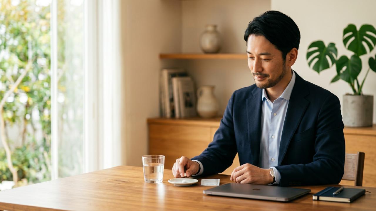 FP1級ニカイドウが約2年継続しているAGAオンライン診療の実体験を象徴するイメージ画像。早朝のミニマルな自宅ホームオフィスで、40代の日本人ビジネスパーソンが1錠の小さな白い錠剤と1杯の水を前に静かに座る写真。クリニックフォアで年間約23,000円・1日1錠だけのシンプルな運用を視覚化。マコなり社長の動画をきっかけに30代なかばから始めた予防型AGA治療を、ミニマムライフ哲学と整合した自己投資として論じる40代男性向け美容投資ブログのH2見出し画像。