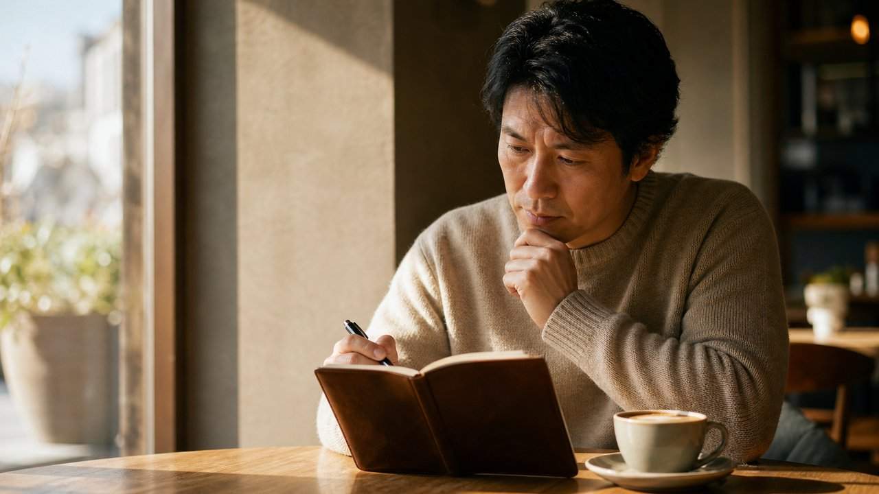 40代男性の美容医療×ミニマムライフ自己投資でよくある4つの失敗パターン(全部同時に始めて挫折・高単価案件に飛びつく・効果測定をしない・合わない人を無視して続ける)を内省する40代日本人ビジネスパーソンの窓際カフェシーン。1級FPがサンクコストで続けないための撤退ルールと対処法を整理したH2見出し画像。 GenSpark経由GPT Image 2で生成。