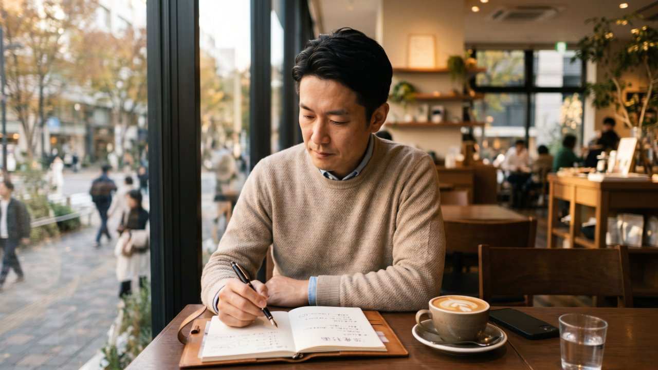 40代日本人男性が窓際カフェで革綴じノートとカプチーノを前に、AGAオンライン診療に関する疑問を熟考するシーン。1級FPがよくある質問（オンラインと通院で効果差は・まだ薄毛じゃないが始めるべきか・治療をやめると元に戻るか・医療費控除の対象か）に回答するQ&A章のH2見出し画像。柔らかな黄金色の午後の光が差し込む静謐な瞬間を撮影。資産形成・自己投資・ミニマムライフの観点から40代男性のAGA治療の疑問を解消する画像。