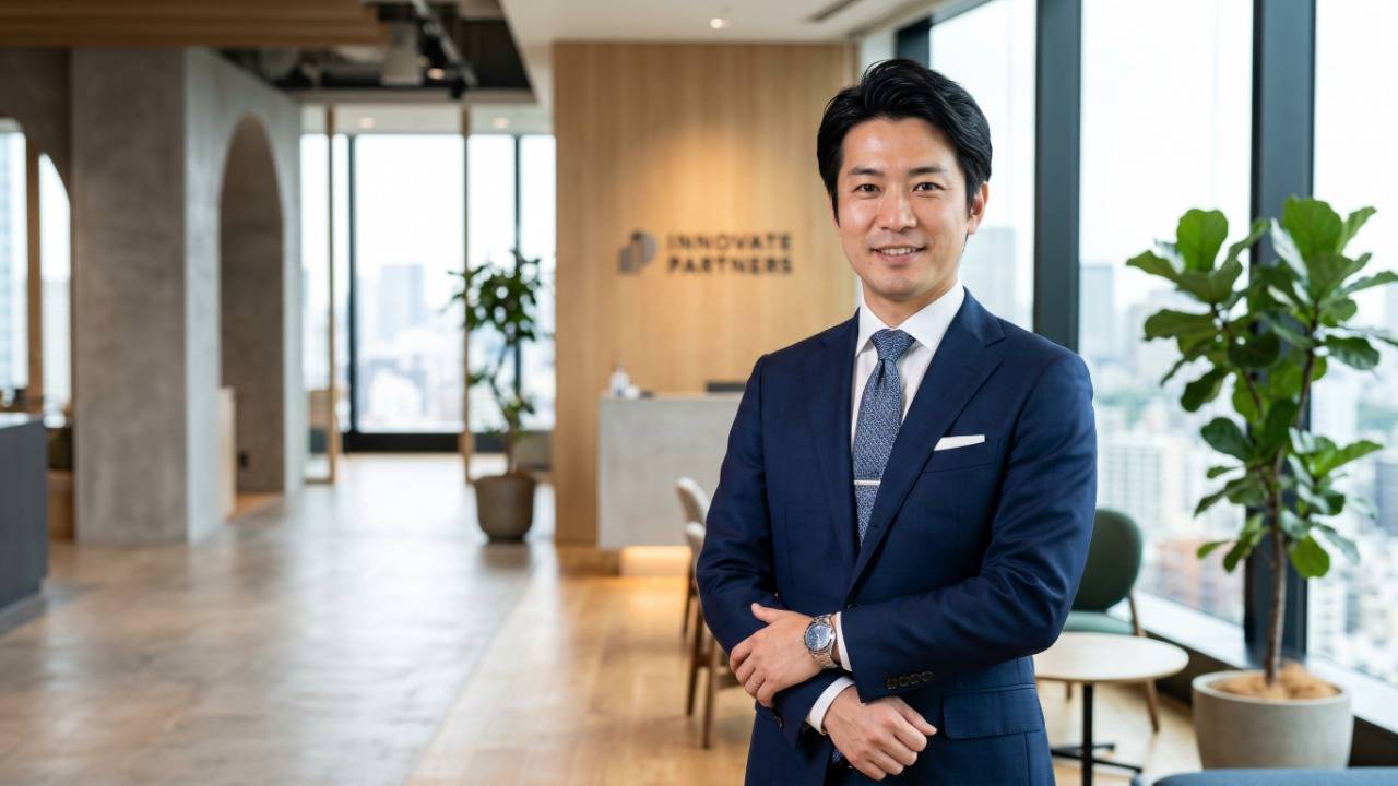 1級FP視点の40代男性「マイナス10歳ポートフォリオ」を体現する若々しいビジネスポートレート。AGA治療×白髪対策×ヒゲ脱毛の三本柱投資（合計月5,000円）で実現する若々しい印象を、健康な髪・白髪なし・つるっとした口元の3要素で視覚化。明るいモダンオフィスで自信に満ちた40代日本人ビジネスパーソンが立つシーン。商談・面談・昇進機会で機能する見た目投資ポートフォリオを論じる40代メンズ自己投資ブログのH2見出し画像。