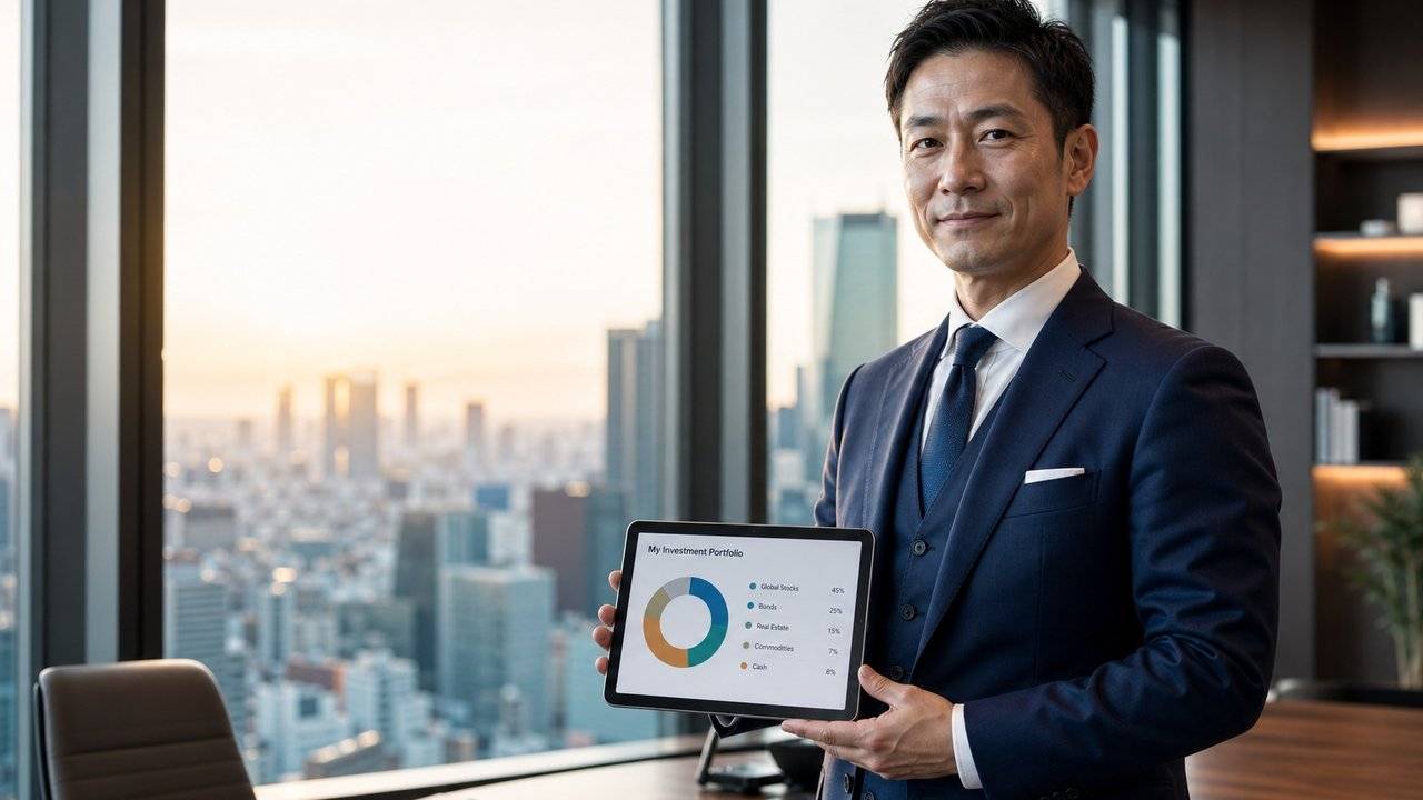 40代男性が自己投資をポートフォリオとして組み立てるべき理由を象徴するビジネスポートレート。1級FP・元大手証券会社で営業課長として5年の視点から、AGA・GLP-1・ヒゲ脱毛・白髪対策などの美容医療領域を新NISAやiDeCoと同じ「ポートフォリオ思考」で配分する戦略を解説するH2見出し画像。ネイビースリーピーススーツの40代日本人ビジネスパーソンが東京高層ビルのモダンオフィスでタブレットを手に資産配分チャートを確認するシーン。GenSpark経由GPT Image 2で生成。