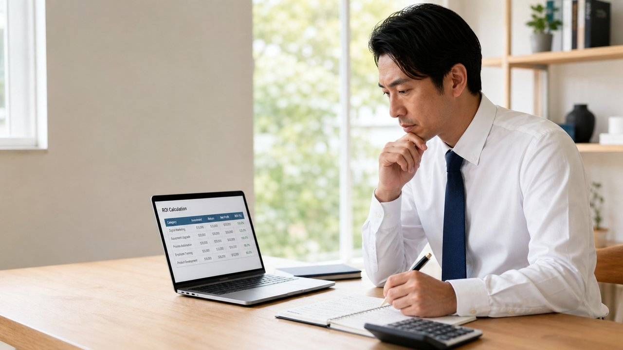 40代男性の美容医療ポートフォリオのROI試算を象徴するシーン。1級FPが5領域それぞれの月額・年額・「-1歳あたりコスト」を計算する場面。AGA治療22,000円/年で-3歳・ヒゲ脱毛96,000円で-3歳・眉サロン36,000円で-2歳・白髪染め36,000円で-2歳・ホワイトニング72,000円で-2歳など具体数字をスプレッドシートで分析する40代日本人ビジネスパーソンの自宅オフィス写真。投資対効果でAGA治療が最高効率と判明する解説H2見出し画像。 GenSpark経由GPT Image 2で生成。