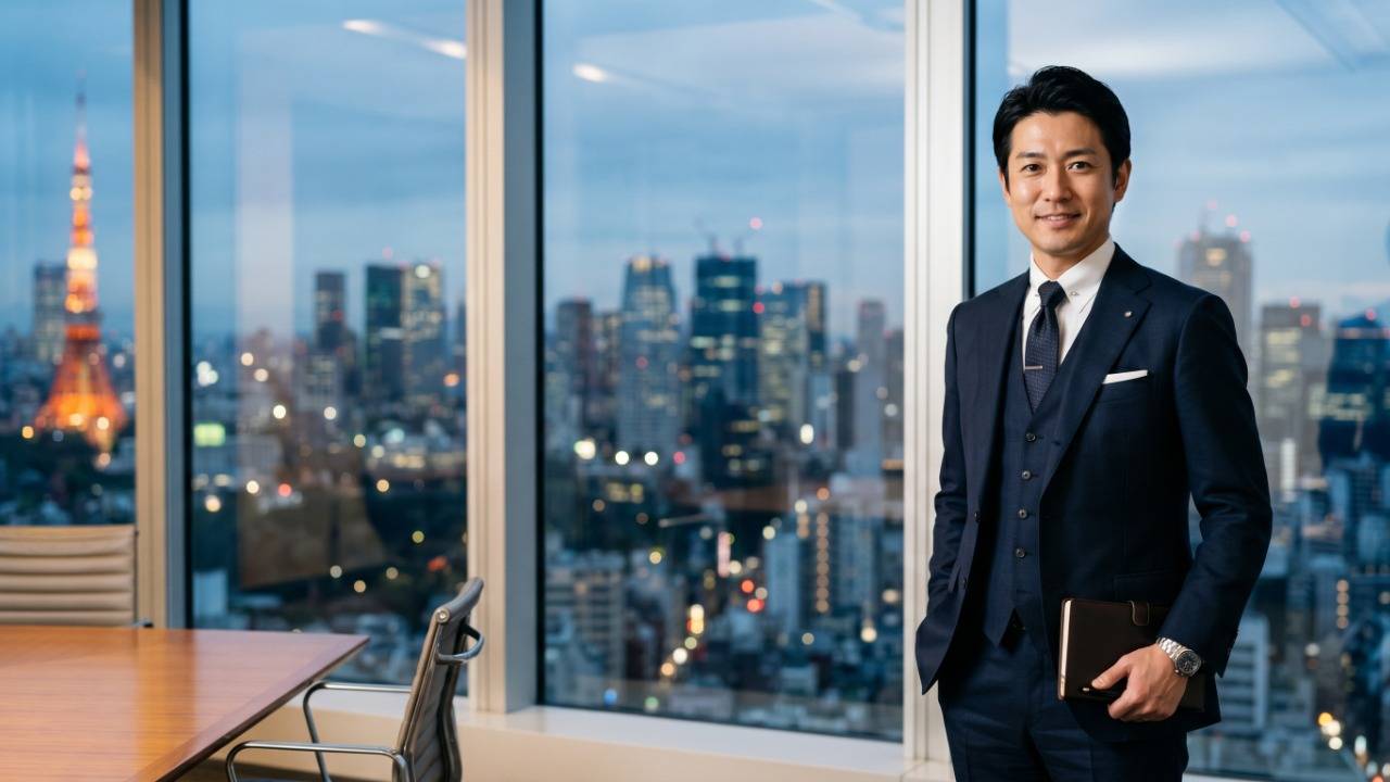 元大手証券会社で営業課長5年を務めた1級FPニカイドウが現場で観察した「薄毛と印象・キャリアの相関」を象徴するビジネスポートレート写真。40代の日本人ビジネスパーソンエグゼクティブがネイビースリーピーススーツで東京高層ビルの会議室に立つシーン。健康な髪と若々しさが商談・面談・昇進機会で生む第一印象の威力を視覚化。同じ課長クラスで薄毛から改善した同僚の事例観察と、優秀な社員ほど若々しいという現場知見を踏まえ、40代男性が予防的にAGA治療を始めるべき合理性を論じるH2見出し画像。