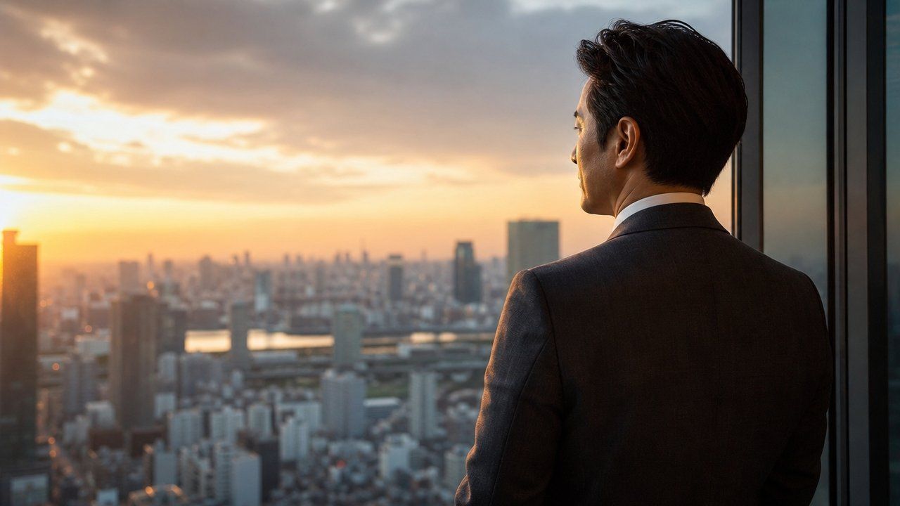 40代男性が自分自身を経営するポートフォリオ思考を象徴するエグゼクティブポートレート。1級FP×元大手証券会社で営業課長として5年×4領域実装者の視点から、5領域フレームワーク・ROI優先順位・3年計画・引き算戦略・撤退ルールを統合した「マイナス10歳ポートフォリオ」を完成させ、東京高層ビルから街を眺める40代日本人ビジネスパーソンの後ろ姿。見た目年齢-7〜8歳を達成した実体験者のまとめH2見出し画像。 GenSpark経由GPT Image 2で生成。
