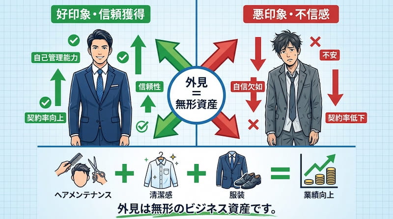 「外見は無形のビジネス資産」をテーマにした、信頼獲得と契約率向上の相関図。ヘアメンテナンス、清潔感、服装のケアが「好印象・信頼」を生み、最終的に業績向上へと繋がる仕組みをロジカルに解説するSEO向けイメージ画像。