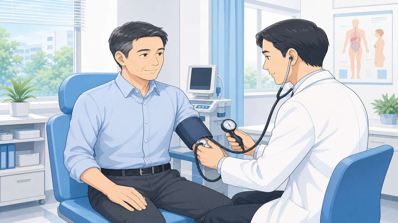 健康診断で血圧を測定する働き盛りの男性のイラスト