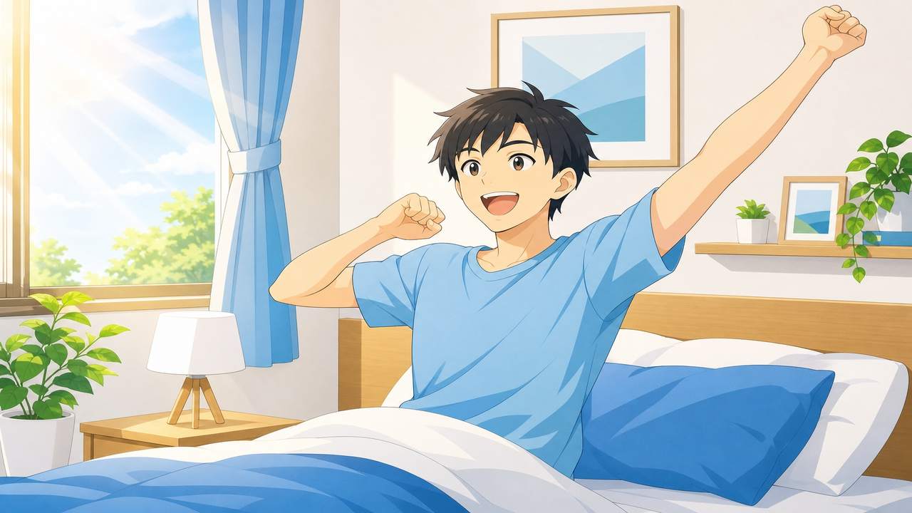 減量後に朝の起動が軽くなり元気に起きる男性のイラスト
