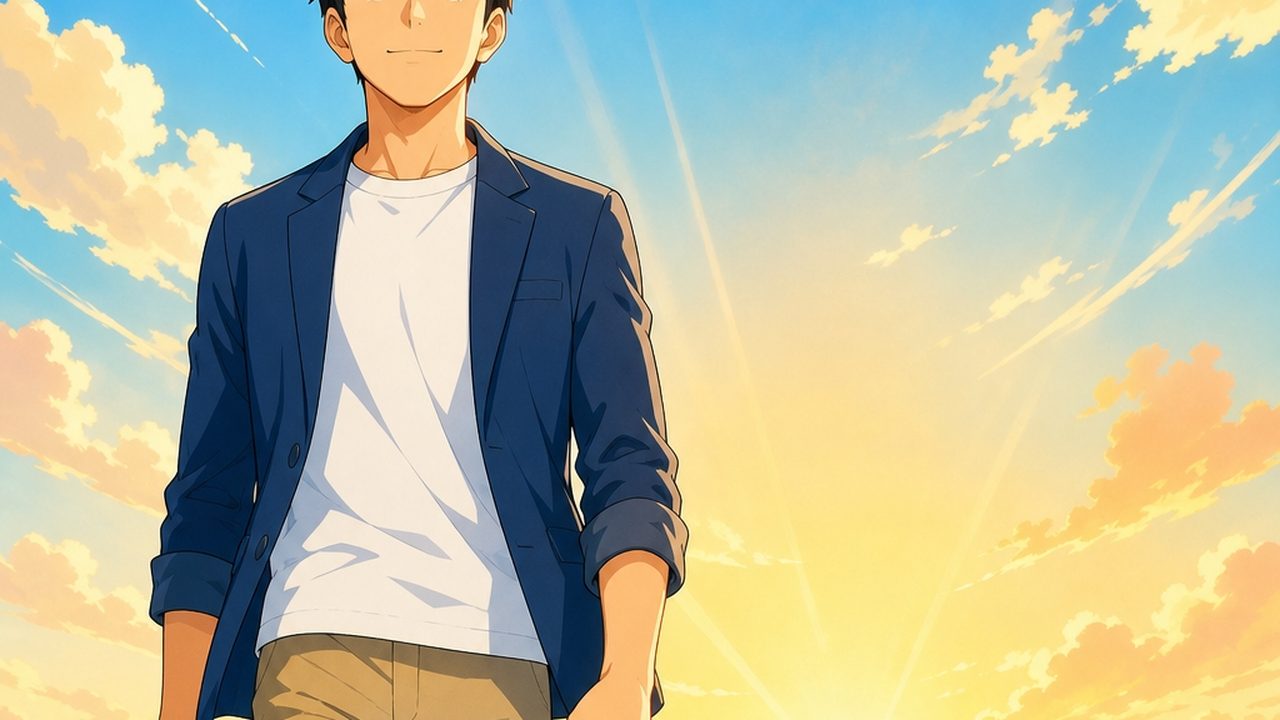 現在地を測り希望を持って前を向く男性のイラスト