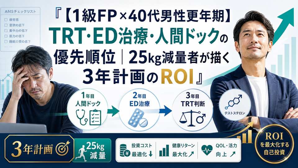 【1級ファイナンシャル・プランニング技能士監修】40代男性更年期障害（LOH症候群）と向き合う3年計画のROI（投資対効果）フレームを示すアイキャッチ画像。1年目に人間ドックでテストステロン値測定、2年目にED治療オンライン診療5社の比較選定、3年目にTRT（テストステロン補充療法）の本格導入判断という優先順位を、6ヶ月で25kg減量を達成した1級FPが費用対効果（コスト・パフォーマンス）と健康投資の観点から徹底解説。AMSスコア17項目セルフチェック・男性ホルモン低下・疲労感・意欲低下・性機能低下・睡眠の質・筋力低下といったLOH症候群の典型症状チェックリスト、テストステロン補充療法の費用と注意点、ED治療オンライン診療の選び方、人間ドック費用相場、40代男性のQOL（生活の質）向上と自己投資ポートフォリオ全体での位置づけまでを網羅した3年計画のROI最大化戦略。
