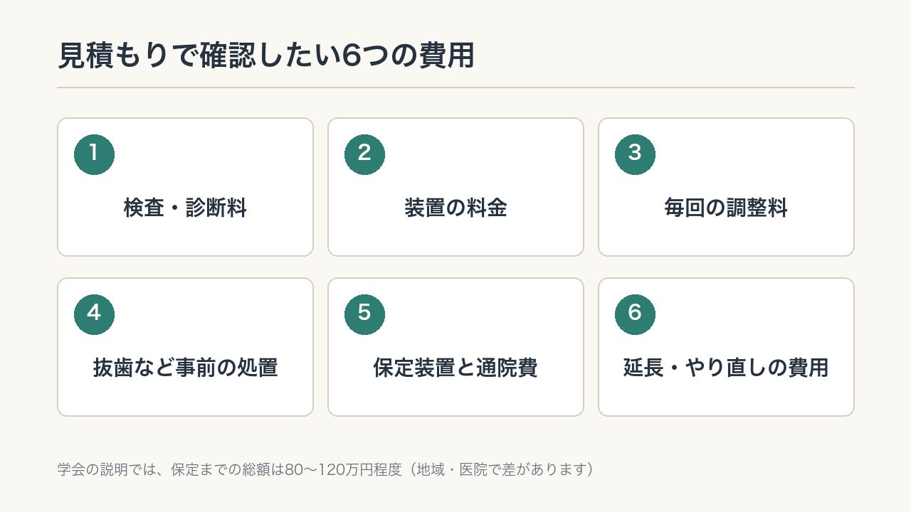 歯列矯正の見積もりで確認したい6つの費用の図解。検査診断料・装置・調整料・事前の処置・保定・延長ややり直しの費用。