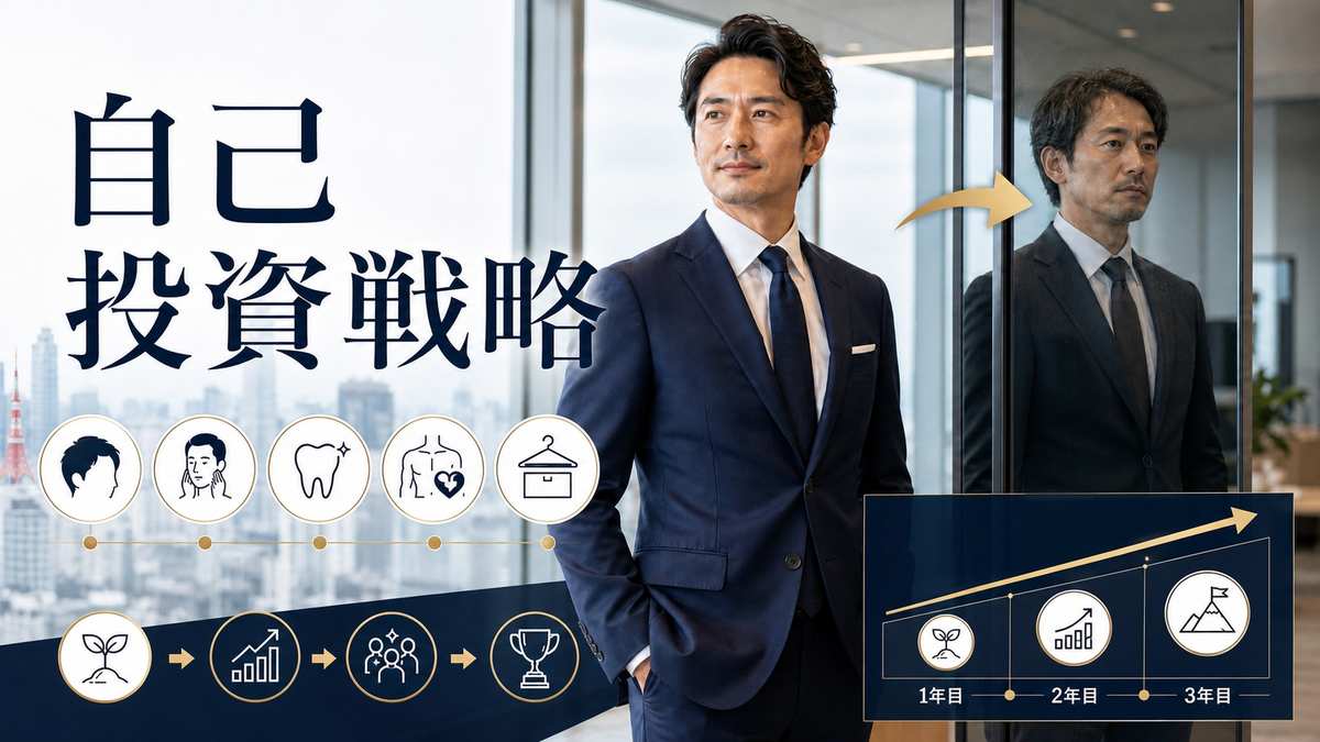 高層オフィスの窓際に立つスーツ姿のビジネスマンを中心に、「自己投資戦略」という大きな文字と、外見改善、身だしなみ、ヘアケア、スキンケア、デンタルケア、健康管理、ファッション、キャリアアップを連想させるアイコンが配置されたビジネス系ビジュアル。画面下部には成長、スキルアップ、人脈形成、成果達成を示すステップ型の図解があり、右下には1年目、2年目、3年目と段階的に上昇するグラフが描かれている。自己投資、ビジネス戦略、キャリア形成、男性の美容、メンズ美容、第一印象改善、ビジネスマンの身だしなみ、パーソナルブランディング、自己成長、資産形成、成功習慣、キャリアアップ、外見磨き、ライフスタイル改善、ビジネスパーソン向け自己啓発をテーマにした、信頼感と成長意欲を表現するSEO向け画像。