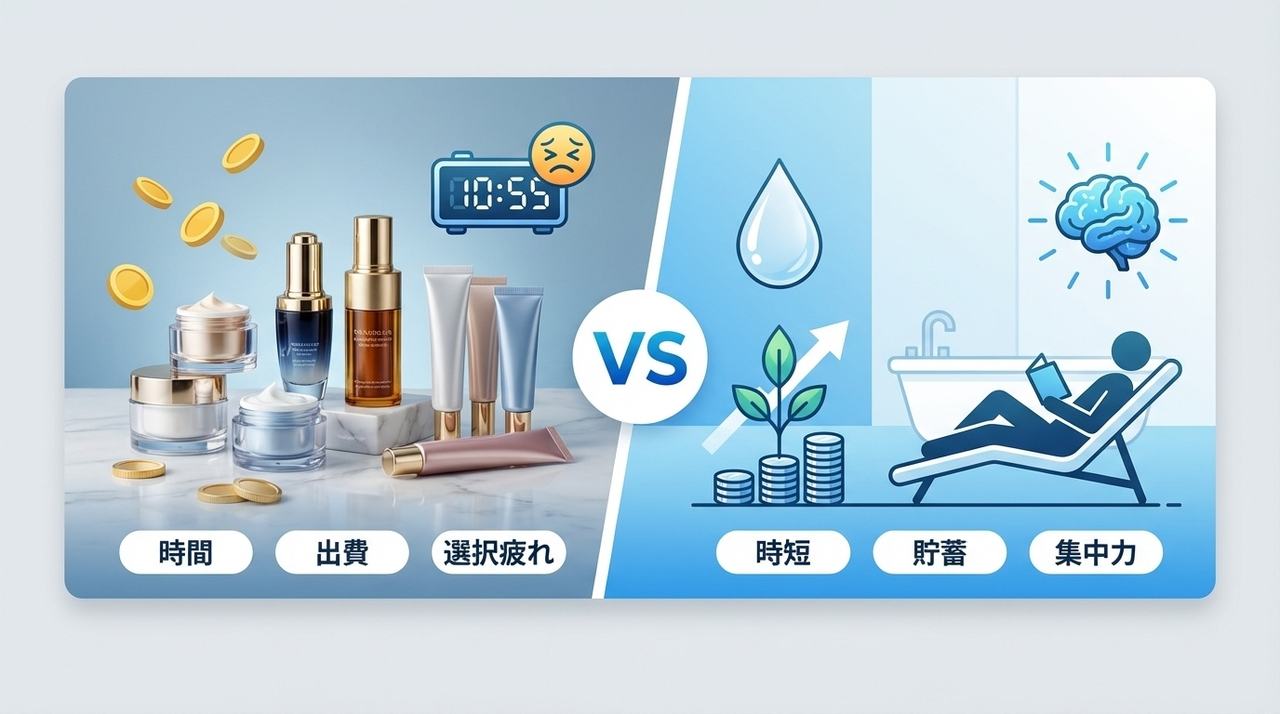 複雑なスキンケアとシンプルなライフスタイルの比較図。左側には「時間、出費、選択疲れ」というラベルと共に多くの化粧品、落ちる硬貨、夜遅い時間の時計が描かれ、疲労感が表現されています。対照的な右側には「時短、貯蓄、集中力」というラベルと共に一滴の雫、成長する植物と積まれた硬貨、お風呂で読書しリラックスする人物が描かれ、簡素化によるメリットが強調されています。