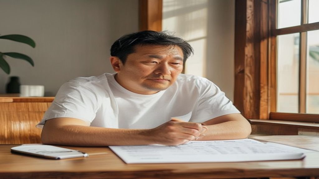 40代日本人ビジネスマンが朝の机で家計の明細を眺めながら、足し算より引き算でコスパを最大化する自己投資のロジックを考えるシーン。1級ファイナンシャル・プランニング技能士のニカイドウが解説する、月3万円の固定費を引き算で生み出して医療脱毛・AGA予防に振り替える戦略のH2見出し画像。
