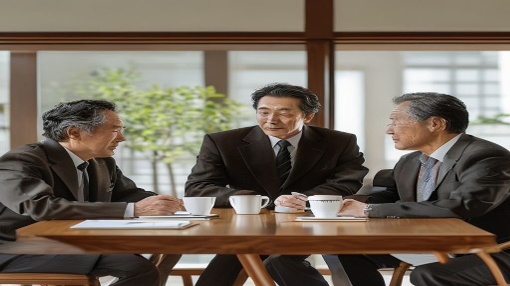30代・40代・50代の3世代の日本人ビジネスマンが木製のテーブルでコーヒーを片手にノートを広げ穏やかに対話する様子。世代別にやめる対象の優先順位が変わるライフステージ視点を、1級FPが家計相談ベースで解説するH2見出し画像。