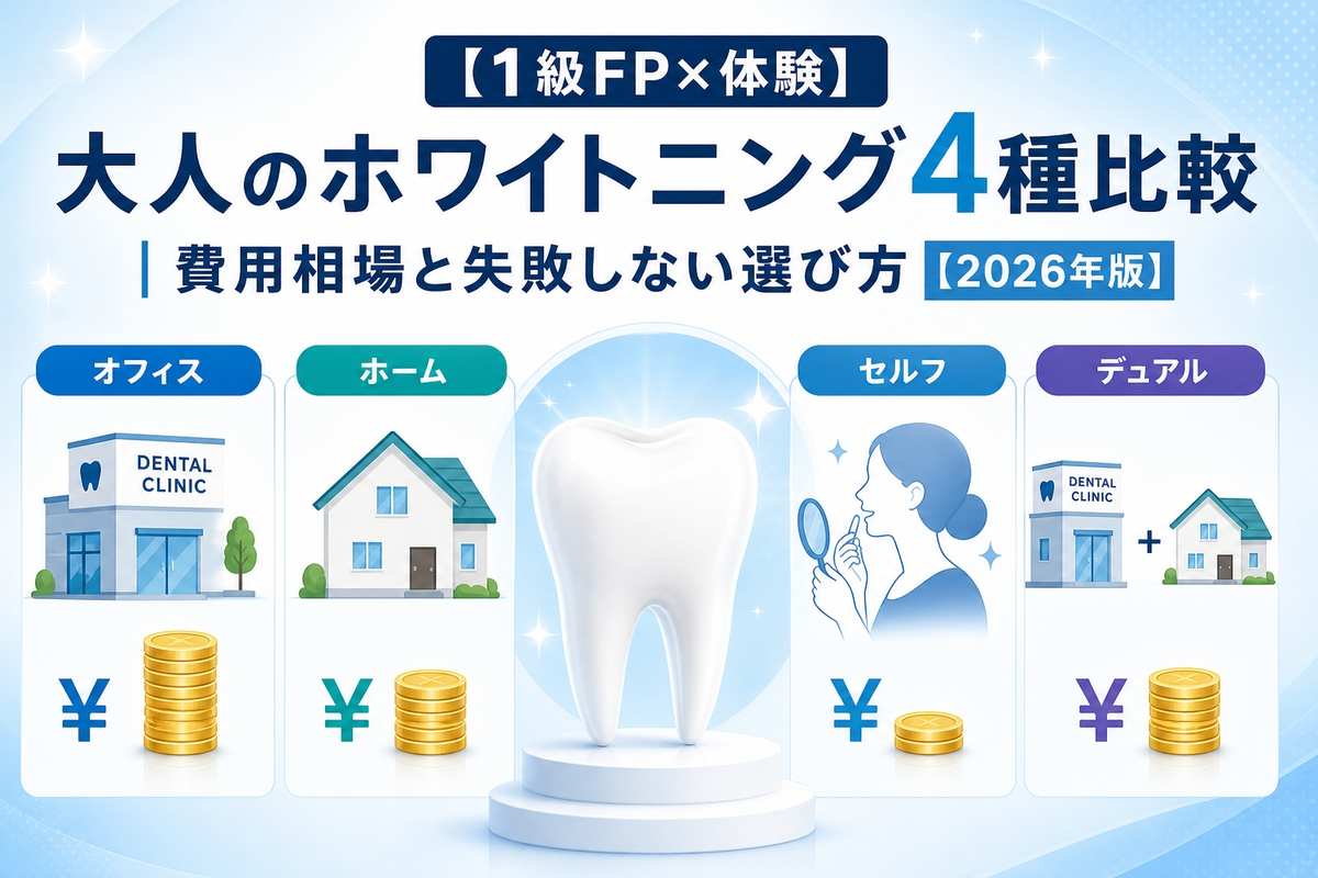 大人のホワイトニング4種類(オフィス・ホーム・セルフ・デュアル)の費用相場と失敗しない選び方を比較するアイキャッチ画像。