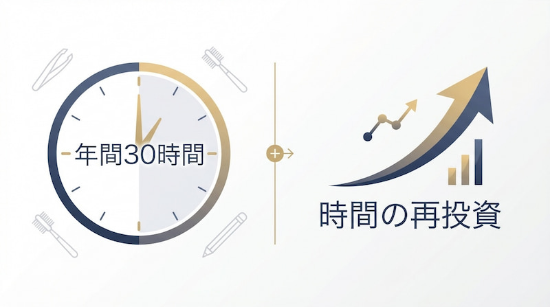アートメイクによる毎朝の時短効果を比較した図。30分の支度時間を20分の「時産」へと変え、毎日のゆとりと成長時間を創出。散らかったカウンターから清潔な環境への変化と、長期的な時間活用の効果を解説するセルフケア・ライフハックのイメージ画像。