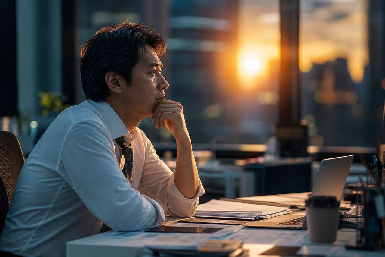 歯列矯正を「やるべきか」迷い続け、夕方のオフィスで後回しにしてきた理由を考え込むビジネスパーソン。大人世代が100万円規模の矯正治療をなかなか決断できない本当の理由を、1級FPが費用と効果の視点から整理する章のイメージ画像。