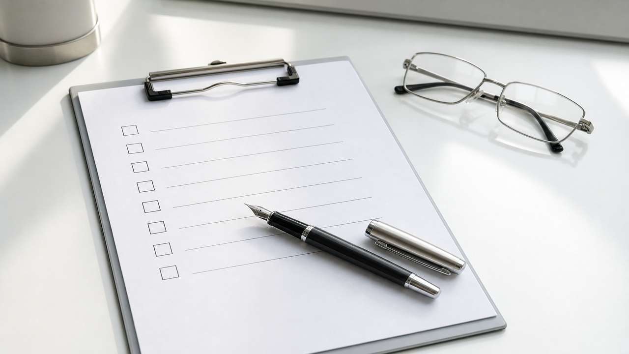 歯列矯正をやるべきか判断する3つの条件を書き出したチェックリストと万年筆。1級FPが100万円の歯列矯正に踏み切る基準として提示する判断軸を、感情ではなく条件で見極めるためのイメージ画像。