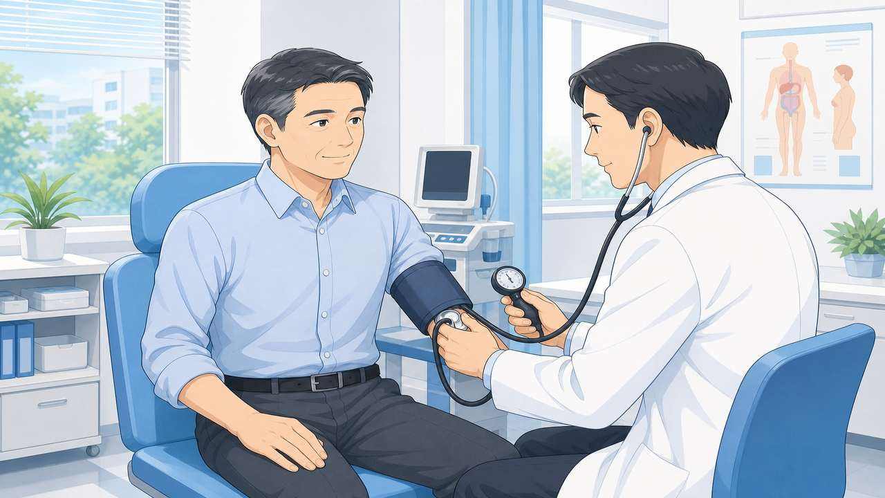 人間ドックで血圧を測定する働き盛りの男性のイラスト。血圧測定は基本項目で、自分の現在地を数値で知る第一歩を表している。