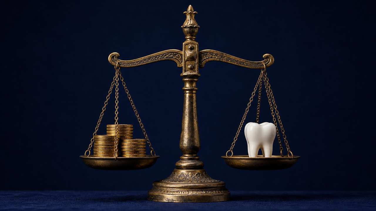 歯列矯正の100万円と他の使い道を天秤にかけて比較するバランススケールのイメージ。矯正治療への支出を貯蓄や他のセルフケアと並べてどう考えるか、1級FPが費用と効果の観点で判断するための画像。