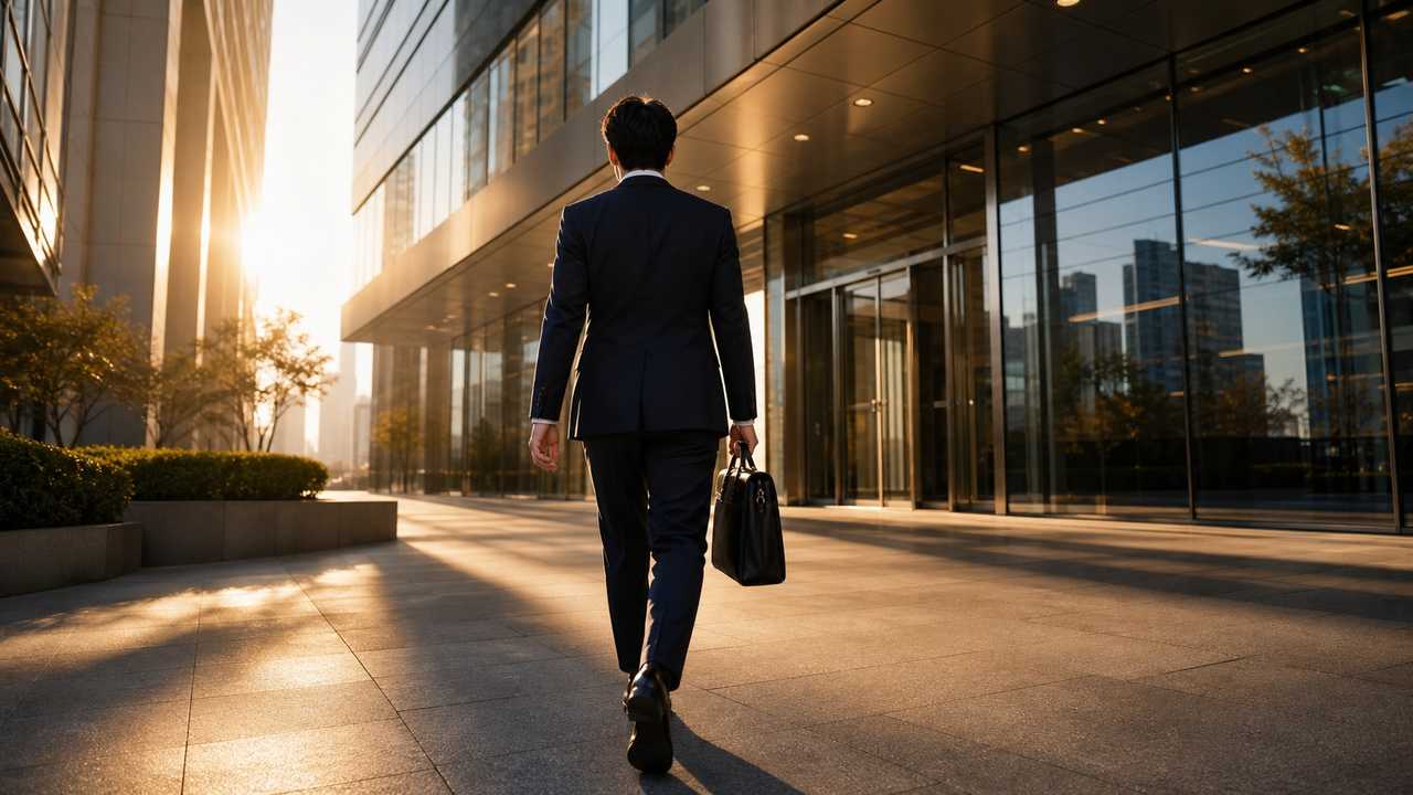 歯列矯正に早めに着手して朝のオフィス街へ歩き出すビジネスパーソンの後ろ姿。矯正治療を先送りせず実行すべき理由と、大人世代だからこそ有利に進められる点を1級FPが解説する章のイメージ画像。