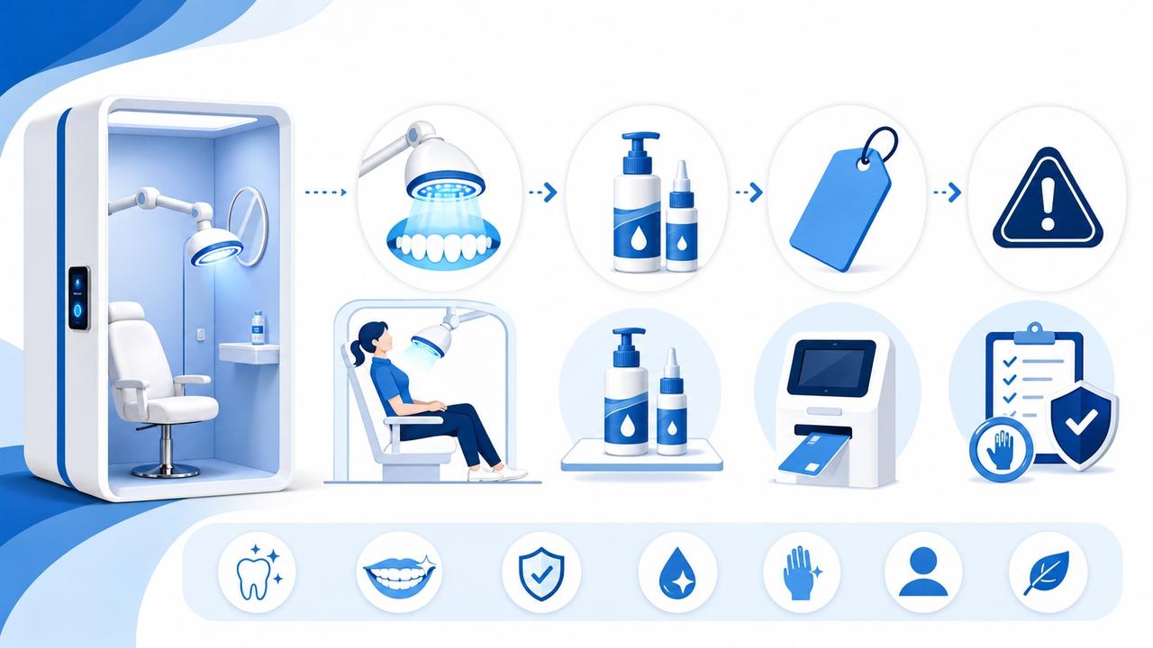 セルフホワイトニングの仕組みを示すイメージ、LEDライトと薬剤で数千円から始められる手軽さの裏側にある効果や注意点を、大人のホワイトニング選びの観点から1級FPが費用面で分解して解説する図
