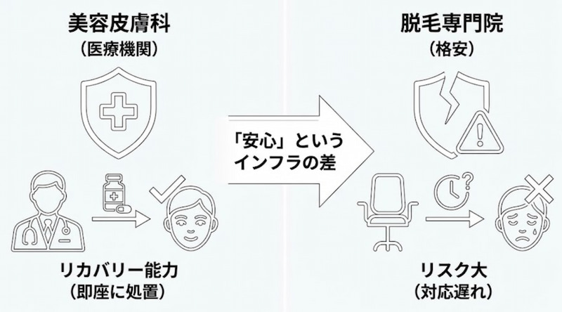 シロノクリニックの医療脱毛が高い理由を分解するため、美容皮膚科による医療体制と格安サロンとの安心感や医師の体制の差を比較した図解。料金にどんな価値が乗っているのかを1級FPが費用対効果の視点で説明している。
