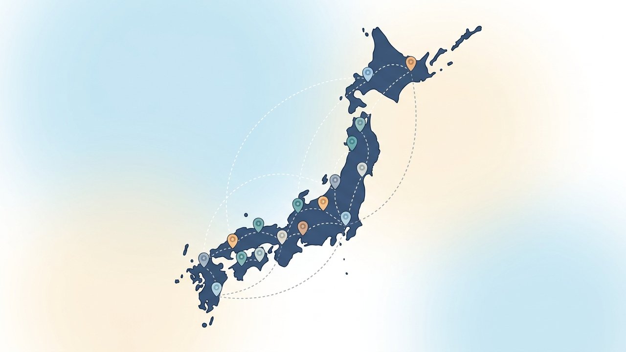 湘南美容クリニックの全国に広がる多数の院の立地と通いやすさを、日本地図のイメージで示した1級FPの図解。院の多さが予約や通院の長所にも短所にもなる点を中立に検証したイメージ