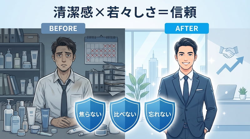 肌断食を取り入れた男性のビフォーアフター比較図。左は疲れた表情、右はスーツ姿で明るいオフィスに立つ清潔感のある男性を描き、下部に3つの心がけが添えられている。