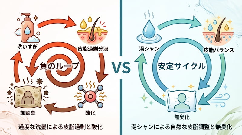 シャンプーのしすぎが招く負のループと、湯シャンによる安定サイクルを左右で比較した図解。皮脂の過剰分泌と自然なバランス維持の違いを示している。
