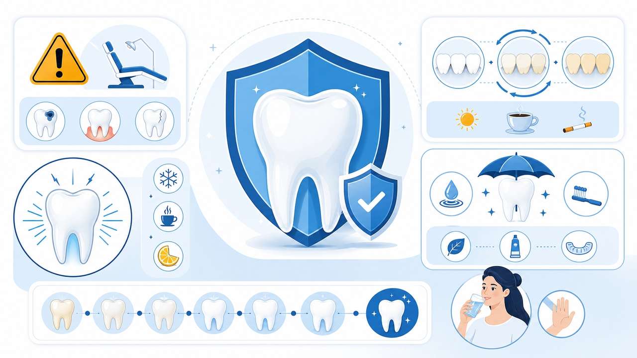 ホワイトニングを始める前に知っておきたい注意点を示すイメージ、しみる感覚や後戻り、歯への負担といったよくある不安を、大人のホワイトニング選びの前提として整理した図、効果や感じ方には個人差があり歯科医師への相談をすすめる内容