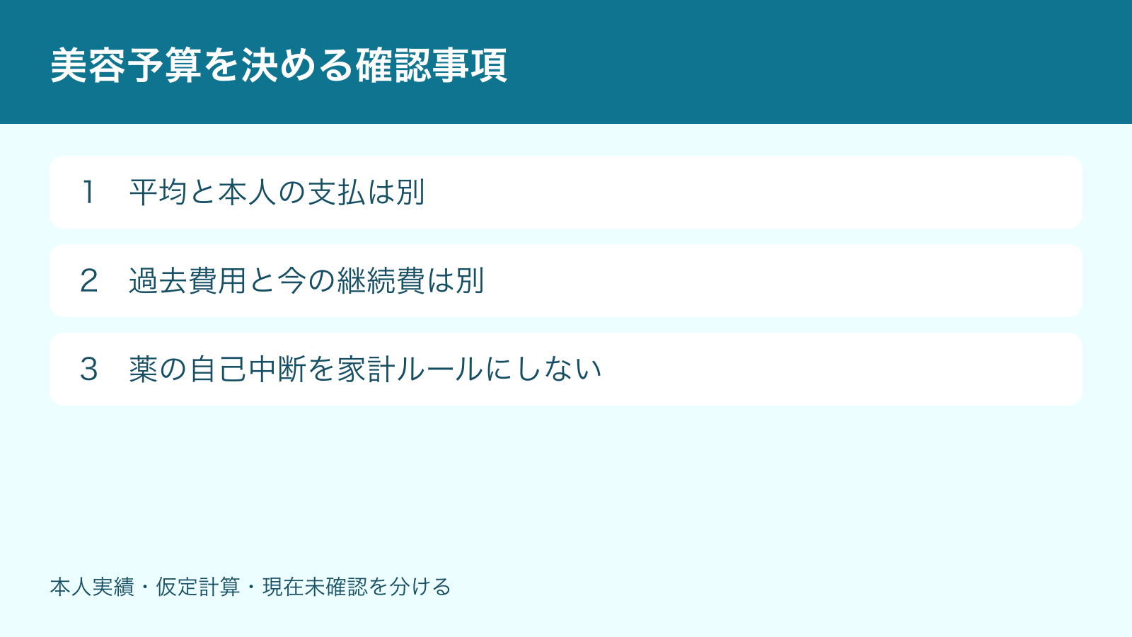 美容予算を決める確認事項。平均と本人の支払は別、過去費用と今の継続費は別、薬の自己中断を家計ルールにしない