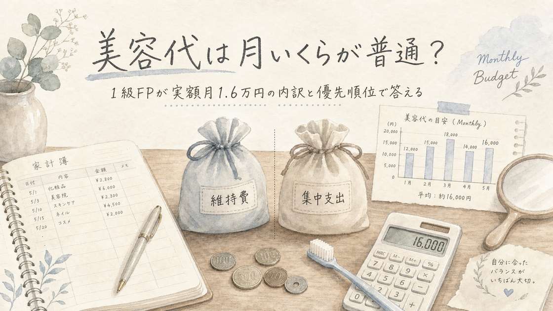 美容代は月いくらが普通かを1級FPが解説する記事のアイキャッチ。家計簿と維持費・集中支出の巾着、電卓、月別の美容代グラフを描いた水彩イラスト。