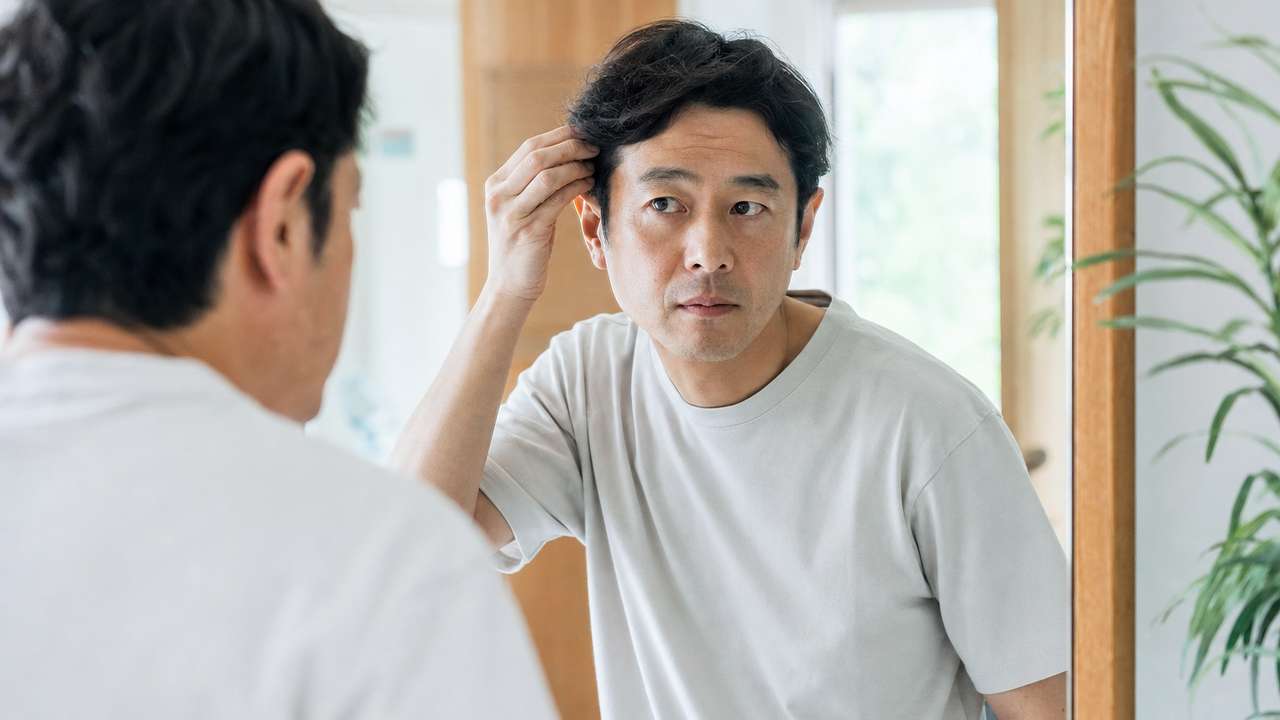 40代男性が浴室で鏡を見ながらこめかみの髪を軽く確認している様子。メンズ白髪対策で押さえたい原因を示すイメージ。