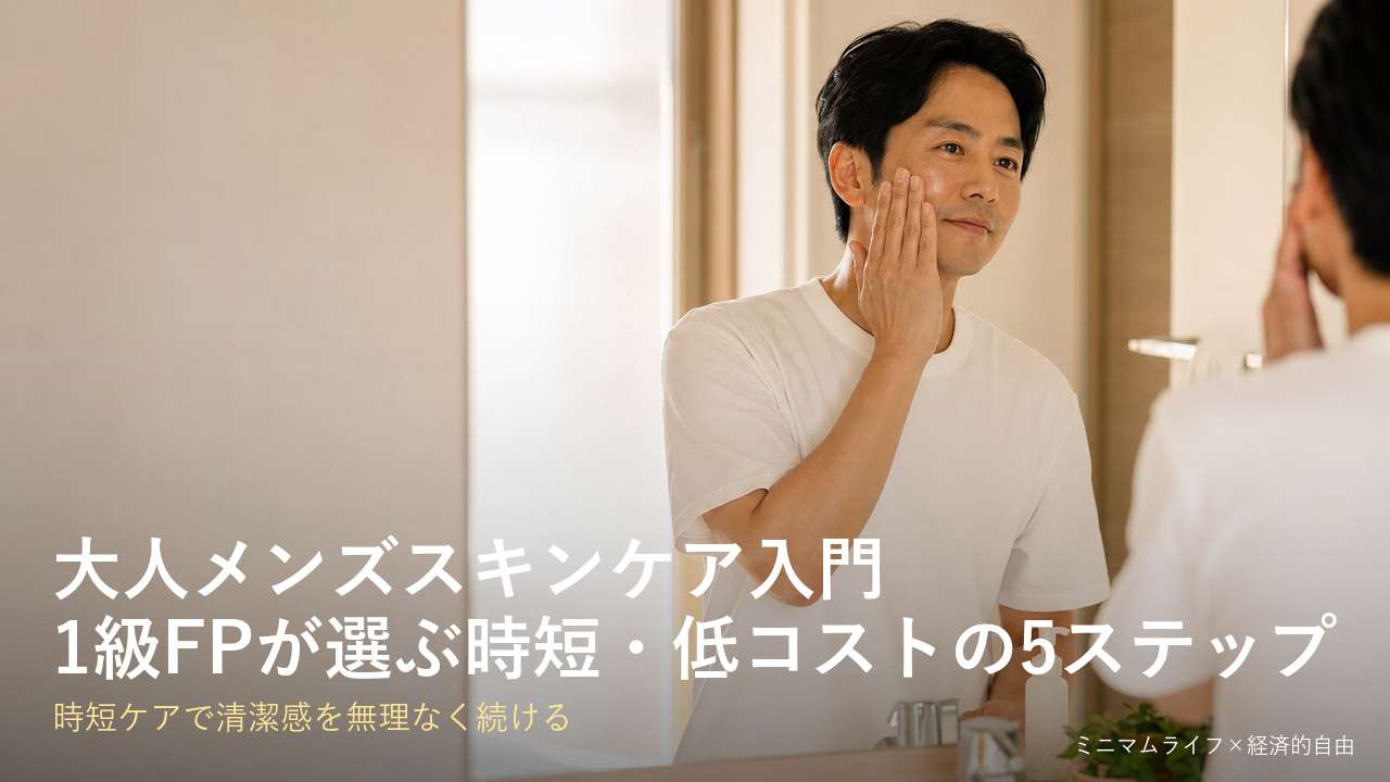 大人メンズスキンケア入門記事のアイキャッチ画像。洗面台の鏡で保湿液を頬に丁寧になじませる白いTシャツ姿のビジネスマン。