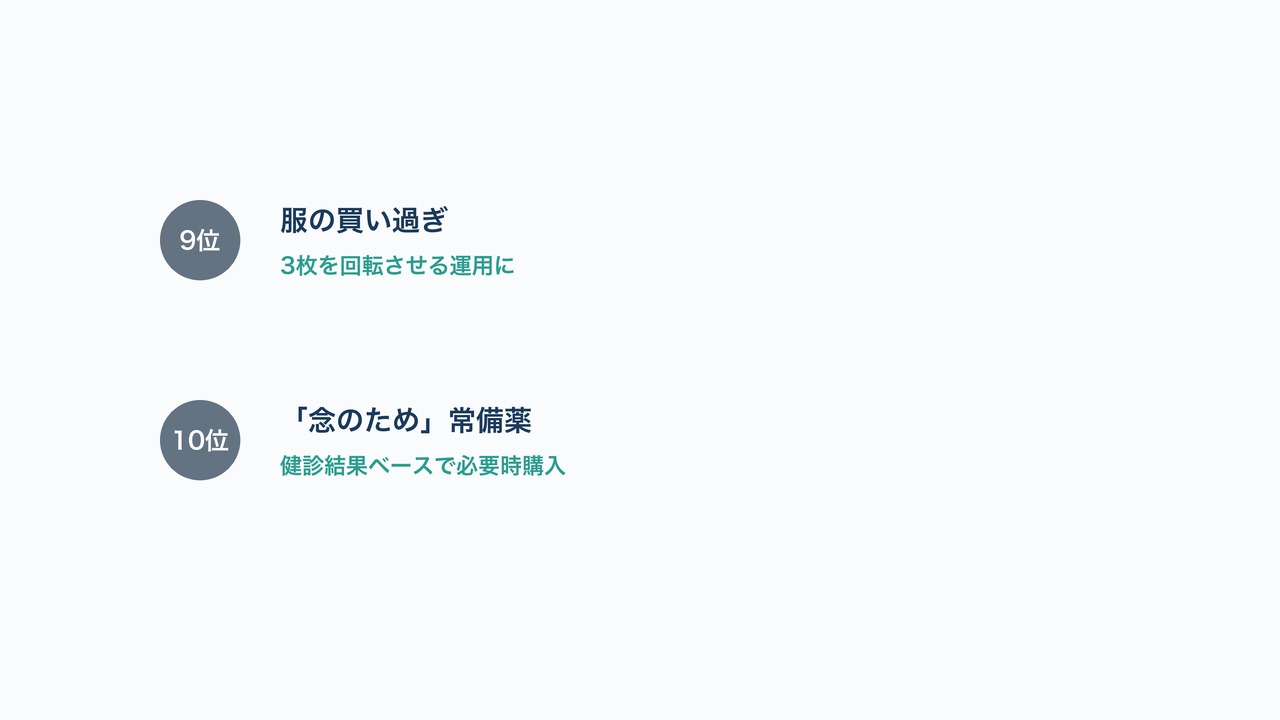 第9〜10位服の買い過ぎと常備薬の図解。それぞれの対処法を示すリスト。