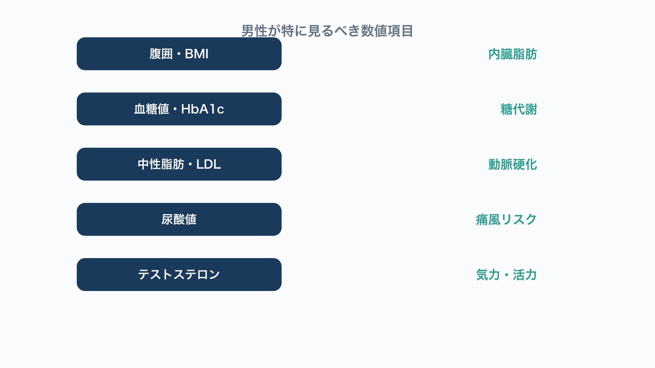 男性が特に見るべき数値項目の図解。腹囲・血糖値・中性脂肪・尿酸値・テストステロンを示す図。