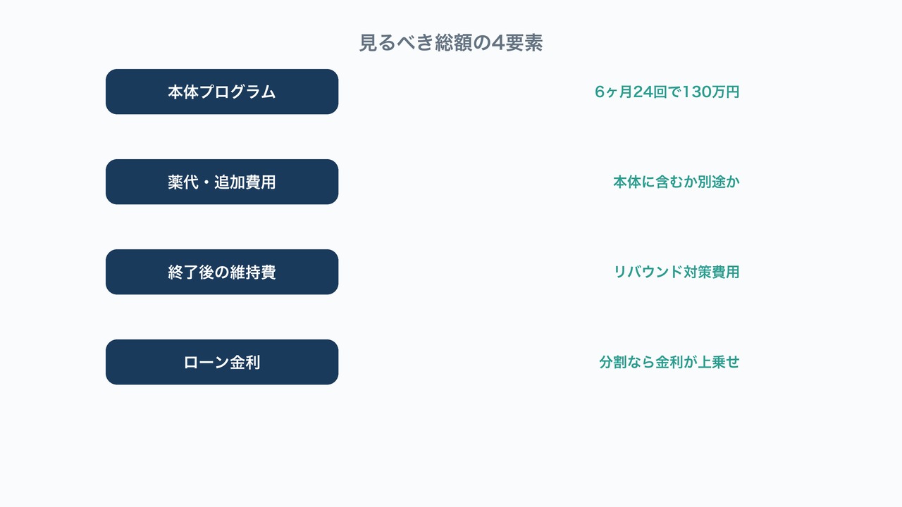見るべき総額の4要素の図解。本体プログラム・薬代・維持費・ローン金利を示す図。